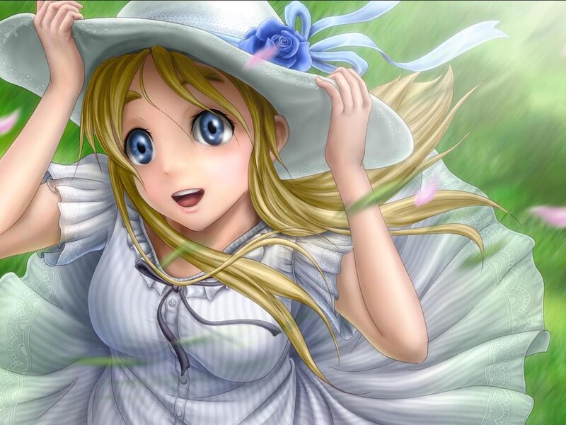 Blonde Girl in Hat — Green, Playful