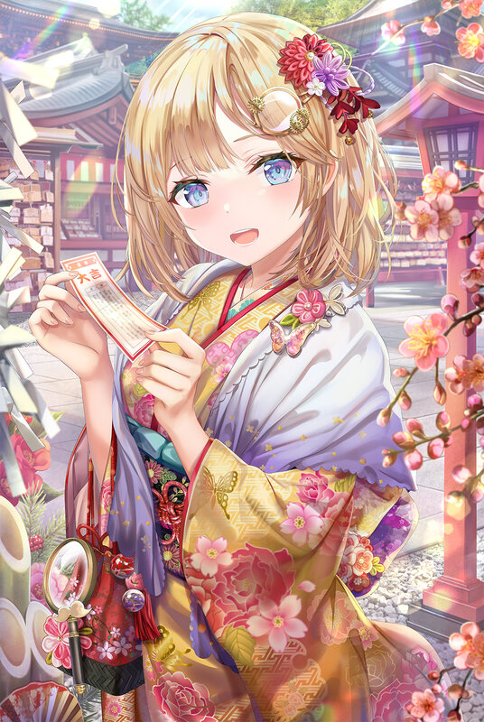 Blonde Girl in Kimono — Pink, Serene, Spring, Anime