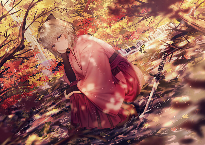 Blonde Girl in Kimono — Red, Serene, Autumn, Anime