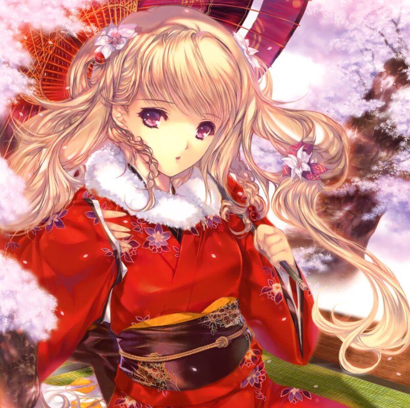 Blonde Girl in Kimono — Red, Serene