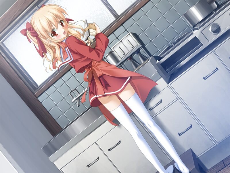 Blonde Girl in Kitchen — Red