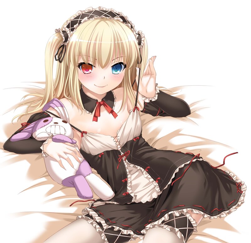 Blonde Girl in Maid Outfit — White, Calm, Anime, Stuffed Toy, Bed
