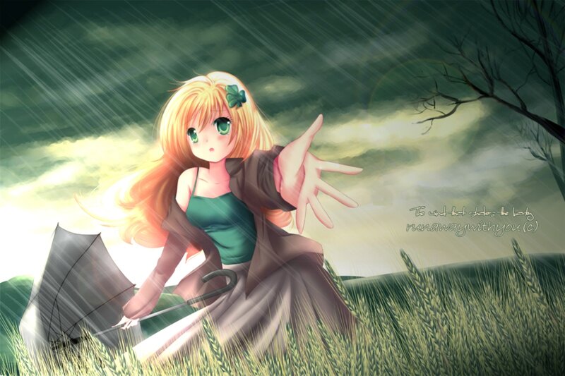 Blonde Girl in Rain — Green, Dramatic