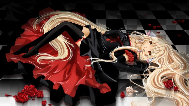 Blonde girl in red and black dress