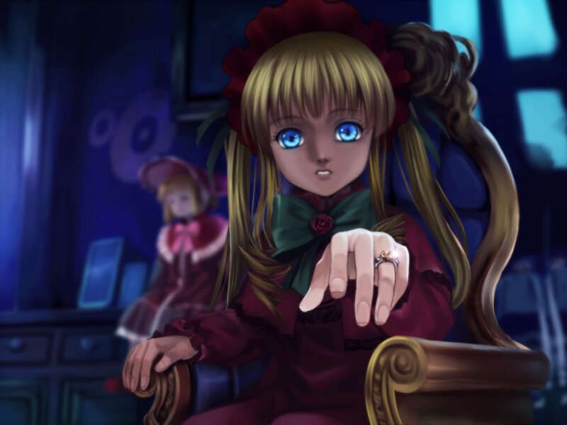 Blonde Girl in Red Dress — Blue, Dramatic