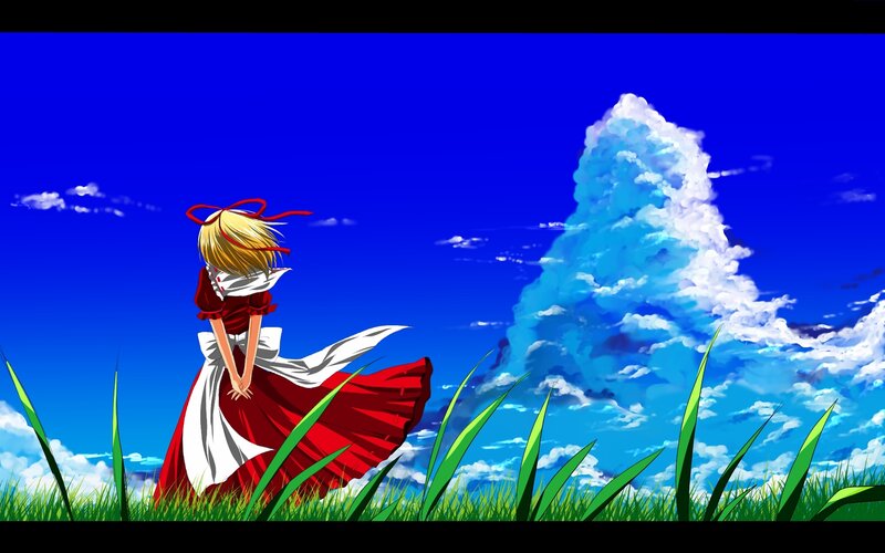 Blonde Girl in Red Dress — Blue, Serene