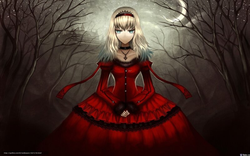 Blonde Girl in Red Dress — Dark, Night, Digital Art