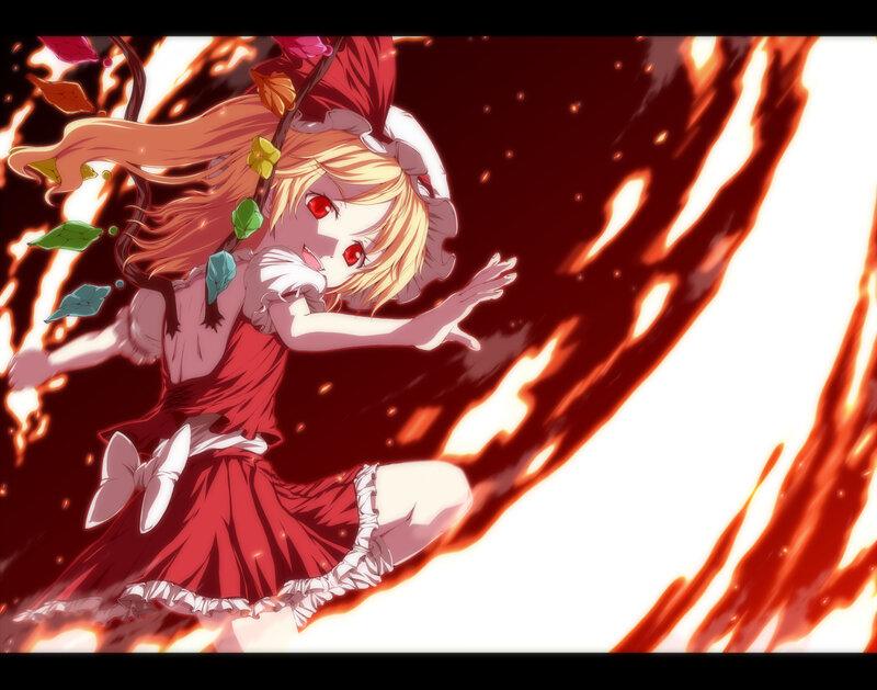 Blonde Girl in Red Dress — Dramatic, Anime, Fire, Leaves