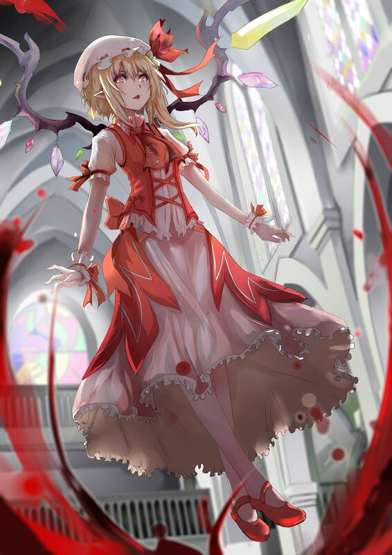 Blonde Girl in Red Dress — Dramatic, Anime, Red Ribbons, Stained Glass