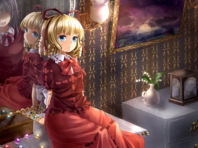 Blonde Girl in Red Dress — Dramatic, Night, Anime, Mirror