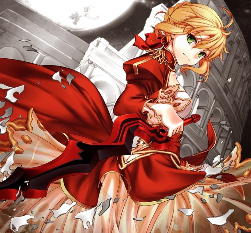 Blonde Girl in Red Dress — Dramatic, Night, Anime, Sword