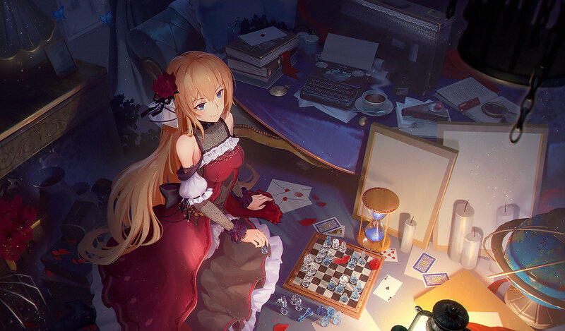 Blonde Girl in Red Dress — Dramatic, Night, Digital Art, Chessboard