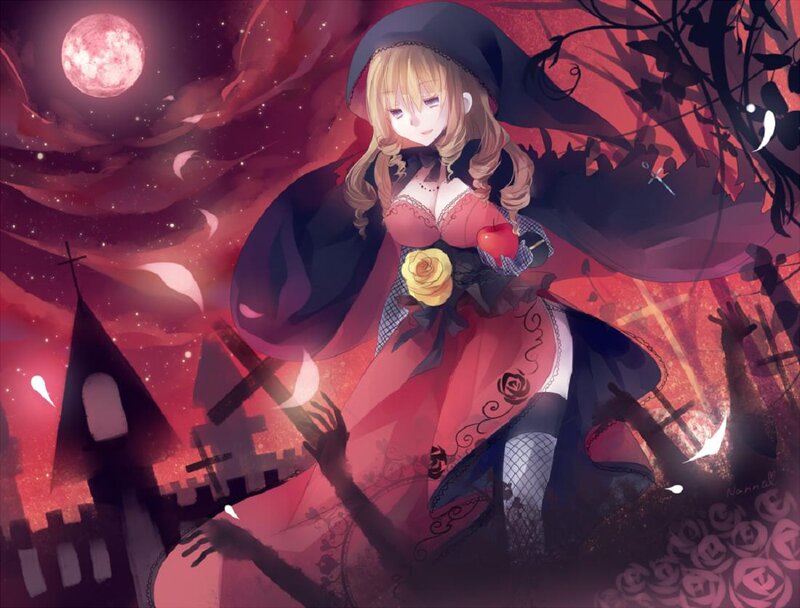 Blonde Girl in Red Dress — Dramatic, Night, Digital Art, Red Apple