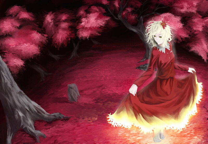 Blonde Girl in Red Dress — Dramatic, Night, Digital Art, Red Trees
