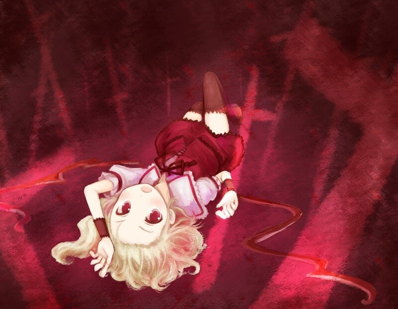 Blonde girl in red dress lying down