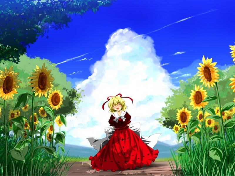 Blonde Girl in Red Dress — Serene, Afternoon, Anime, Sunflowers