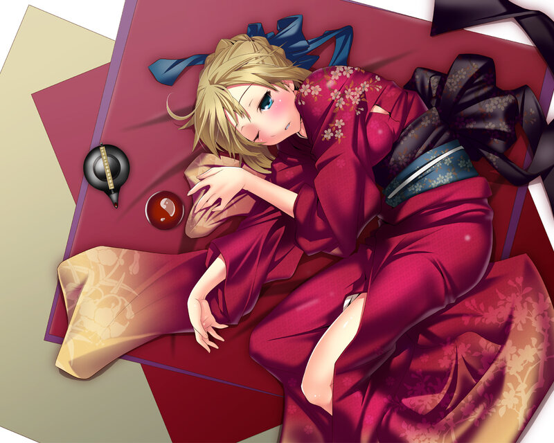 Blonde girl in red kimono