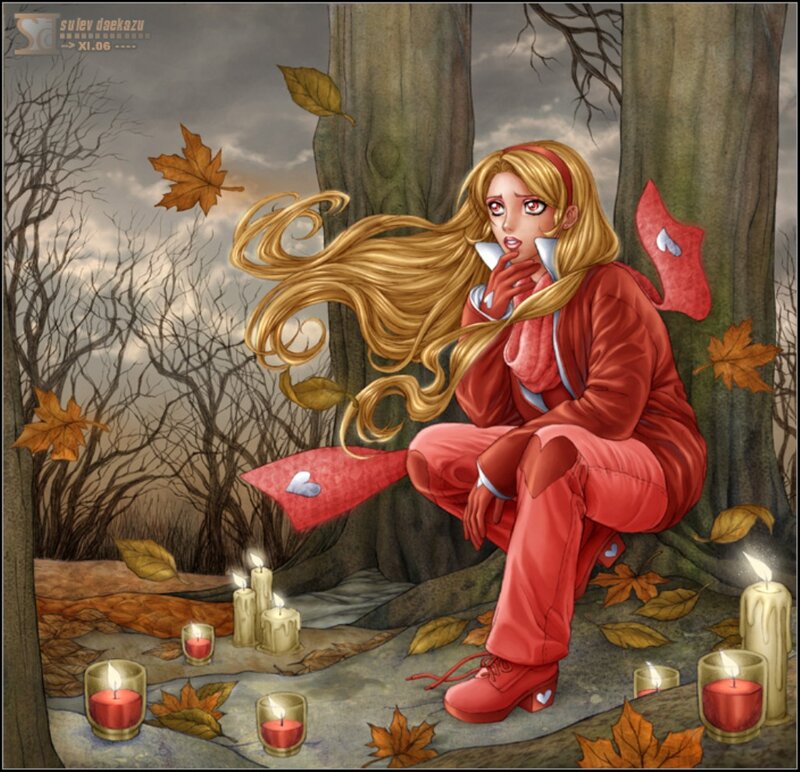Blonde Girl in Red Suit — Dramatic, Autumn