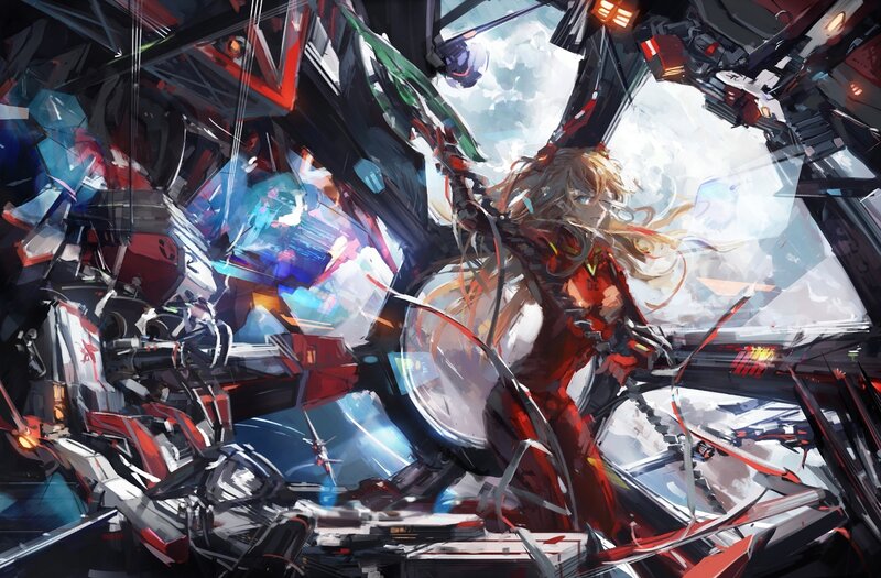 Blonde Girl in Red Suit — Dramatic, Digital Art, Mecha