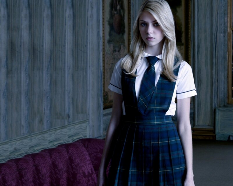 Blonde Girl in School Uniform — Blue, Dramatic, Photograph