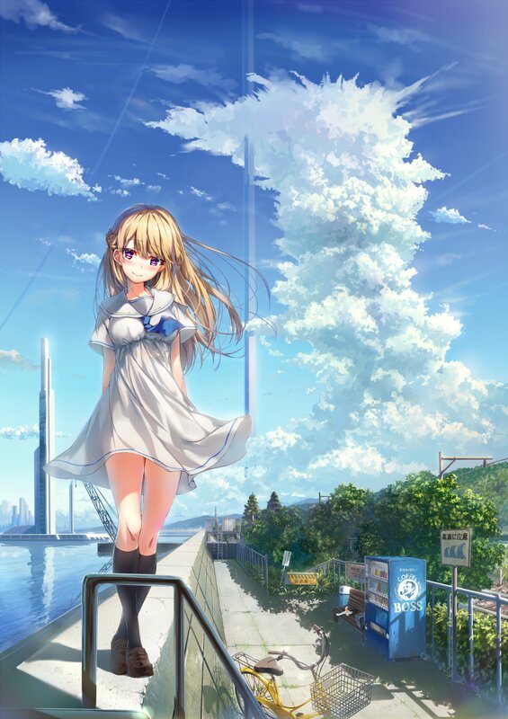 Blonde Girl in School Uniform — Blue, Serene, Afternoon