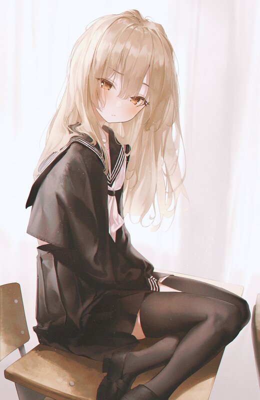 Blonde Girl in School Uniform — White, Calm, Morning