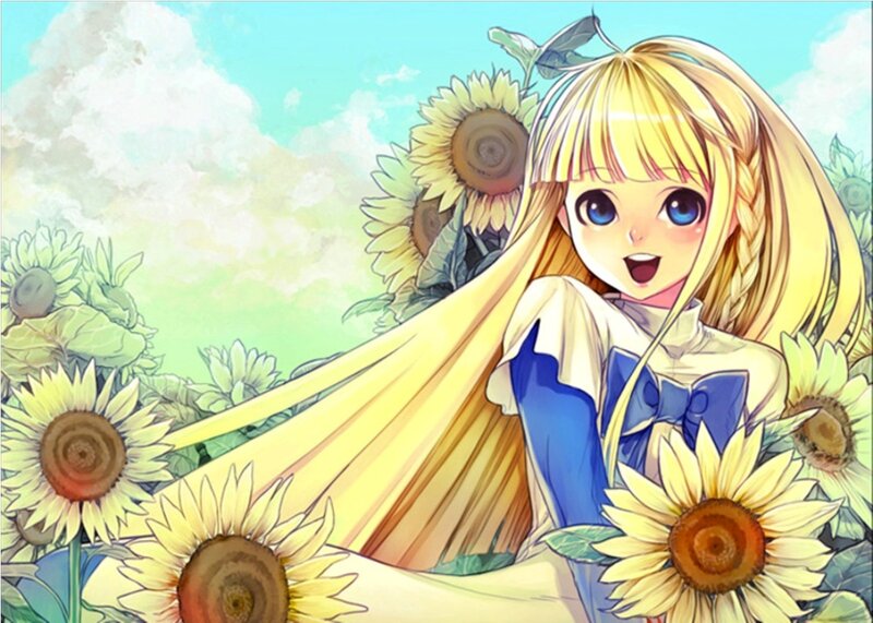 Blonde Girl in Sunflowers — Yellow, Cheerful