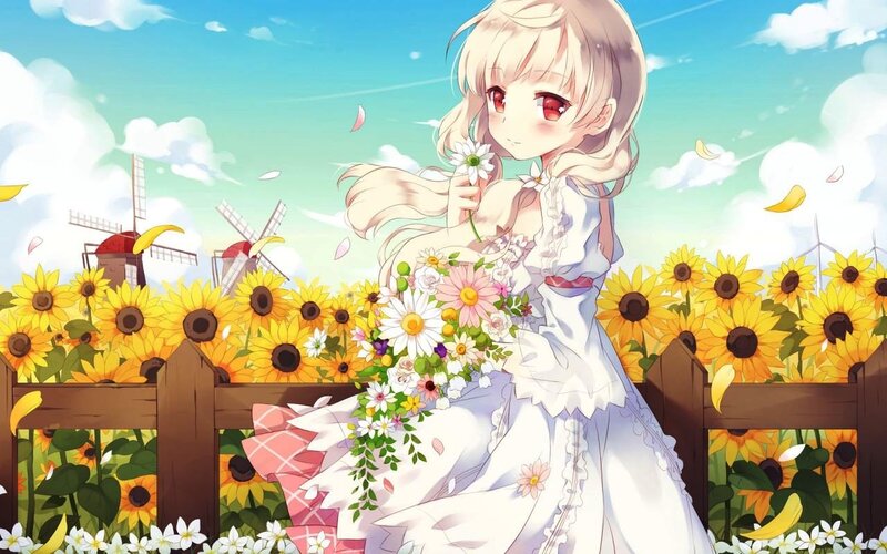 Blonde Girl in Sunflowers — Yellow, Serene, Afternoon, Anime, Windmills