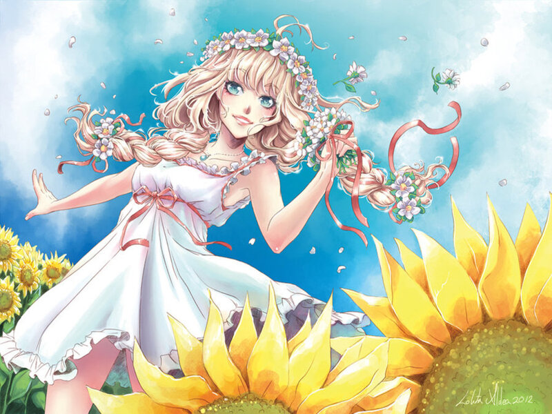 Blonde Girl in Sunflowers — Yellow, Serene, Summer