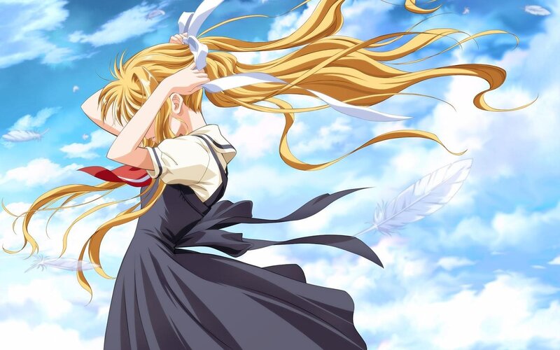 Blonde Girl in Uniform — Blue, Serene, Afternoon, Anime, Feathers