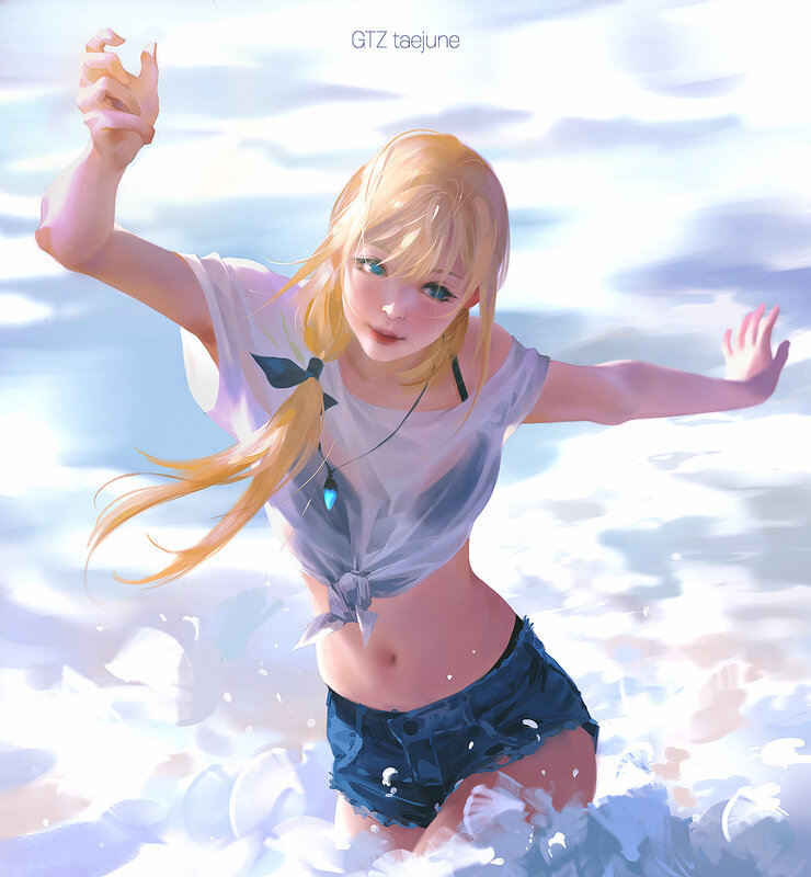 Blonde Girl in Water — Blue, Serene, Afternoon, Digital Art