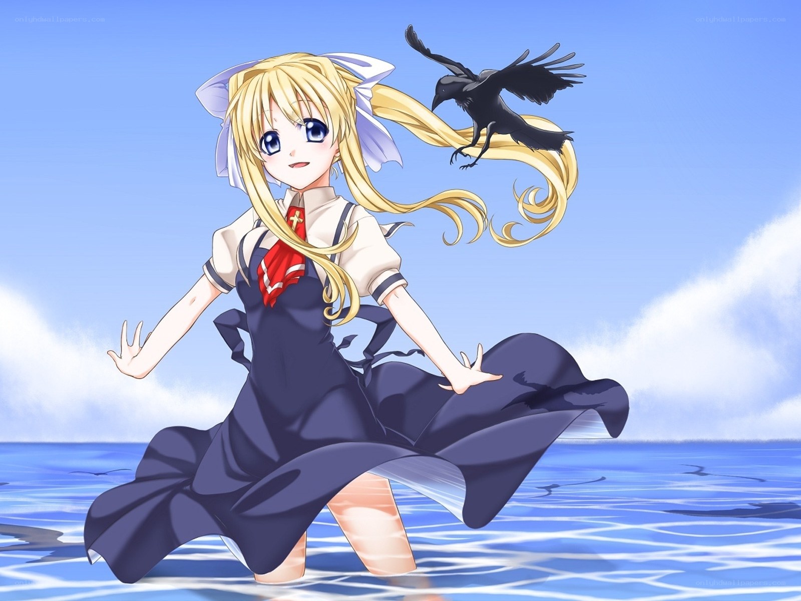 blonde girl in water with crow