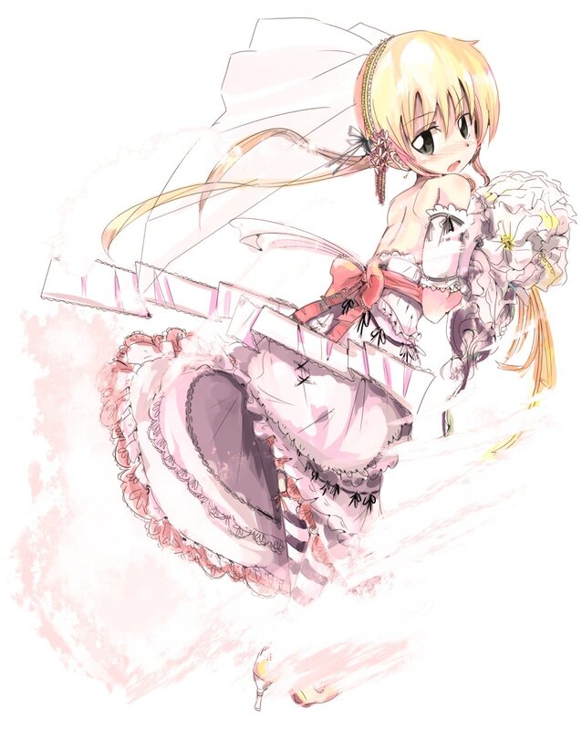 blonde girl in wedding dress
