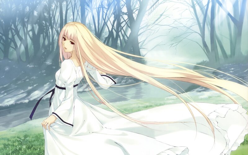 Blonde girl in white dress