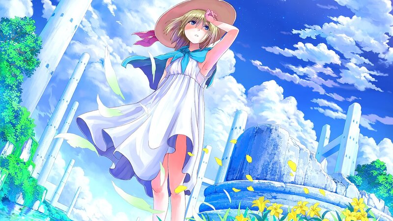 Blonde Girl in White Dress — Blue, Serene, Afternoon, Anime, Hat