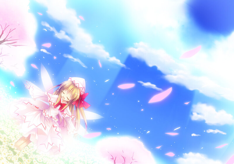 Blonde Girl in White Dress — Blue, Serene, Spring, Anime