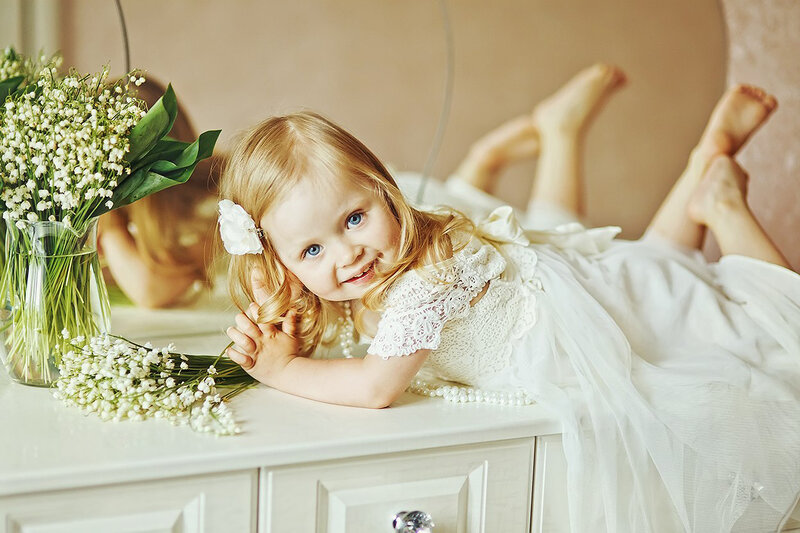 Blonde Girl in White Dress — Serene, Photograph, Flowers