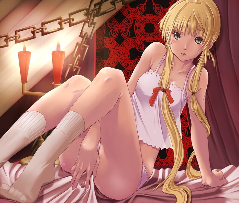 blonde girl in white nightgown