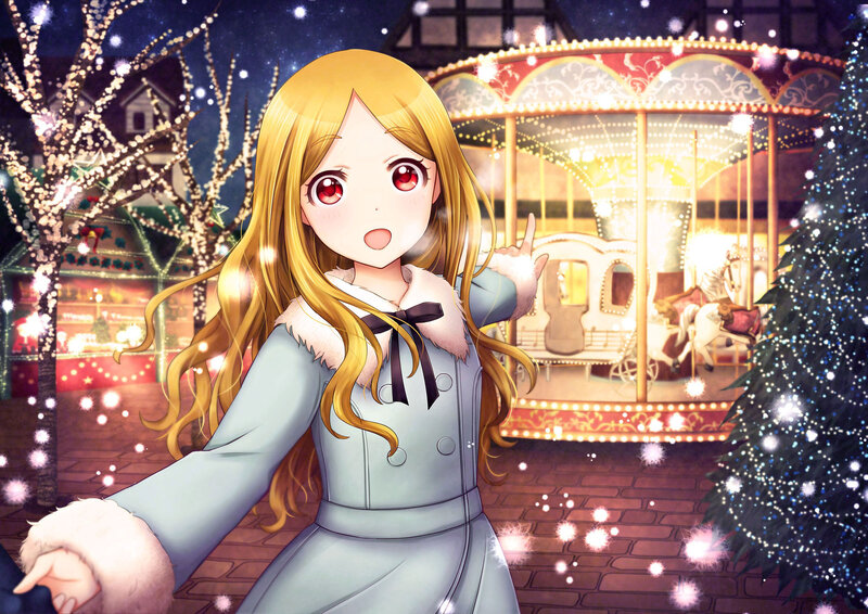Blonde Girl in Winter Coat — Blue, Festive