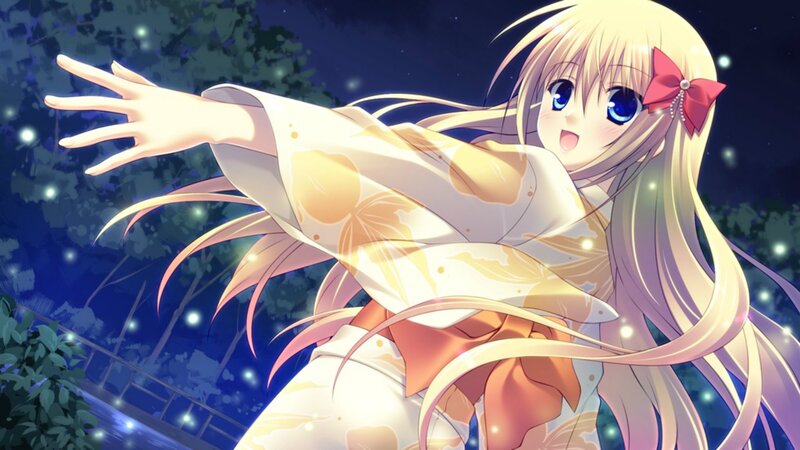 blonde girl in yukata at night