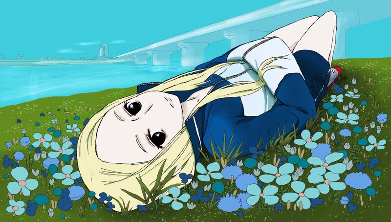 blonde girl lying in flowers