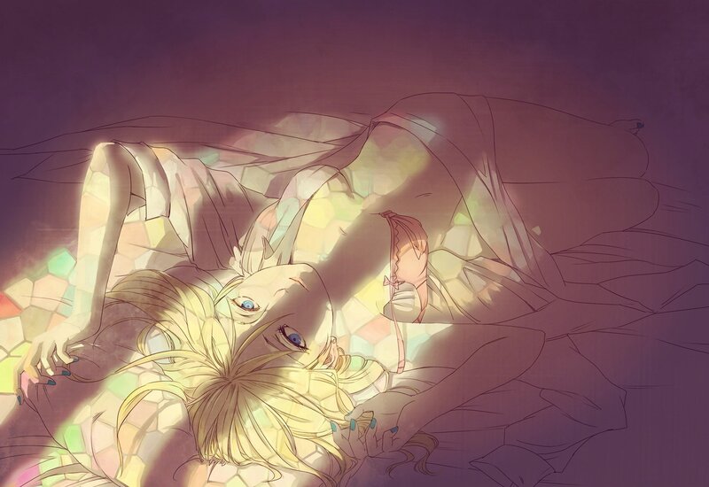 Blonde girl lying on mosaic floor