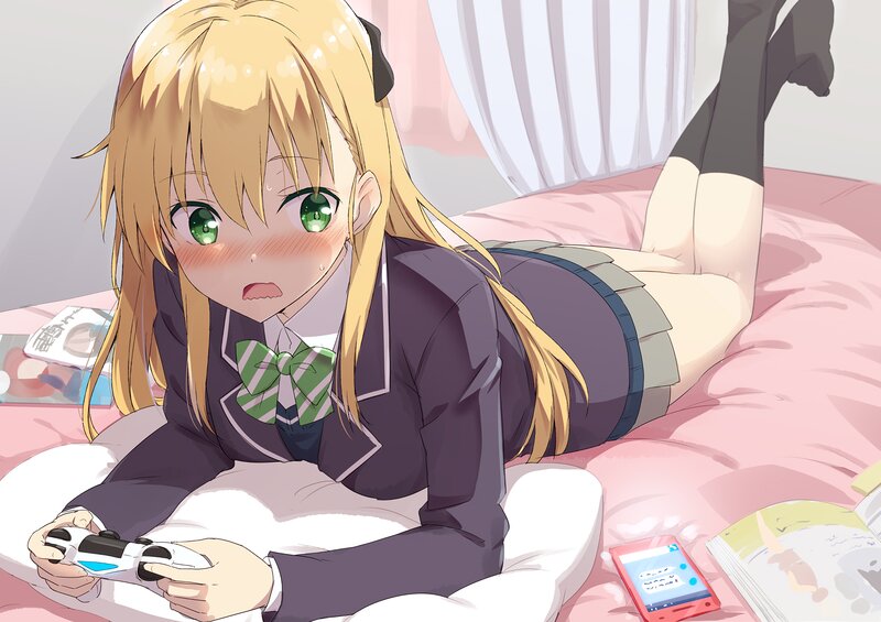 Blonde Girl on Bed — Pink, Playful