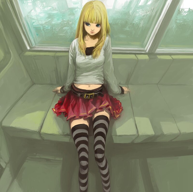 Blonde Girl on Bench — Green, Calm