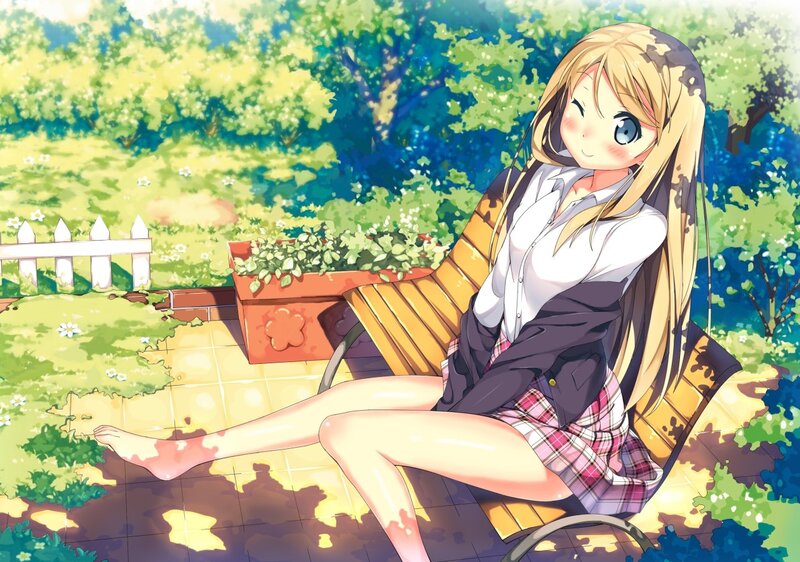Blonde Girl on Bench — Green, Serene