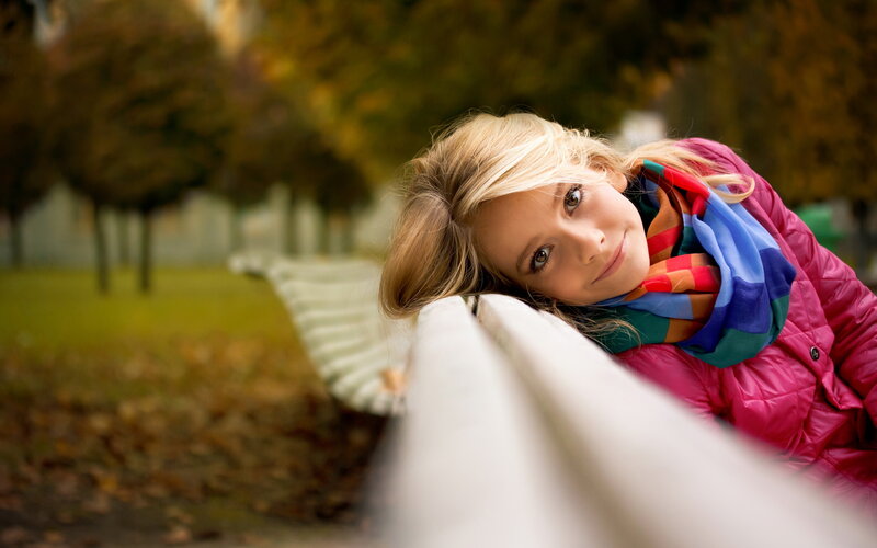Blonde Girl on Bench — Pink