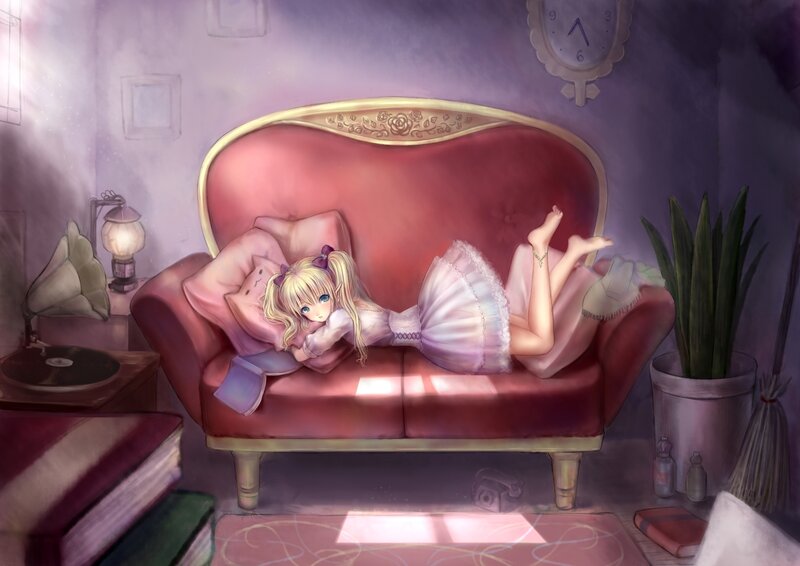 Blonde Girl on Couch — Purple