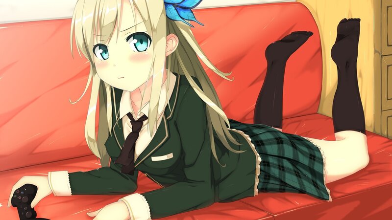Blonde Girl on Couch — Red, Relaxed, Anime, Game Controller, School Uniform