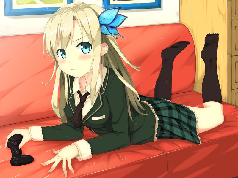 Blonde Girl on Couch — Red, Relaxed