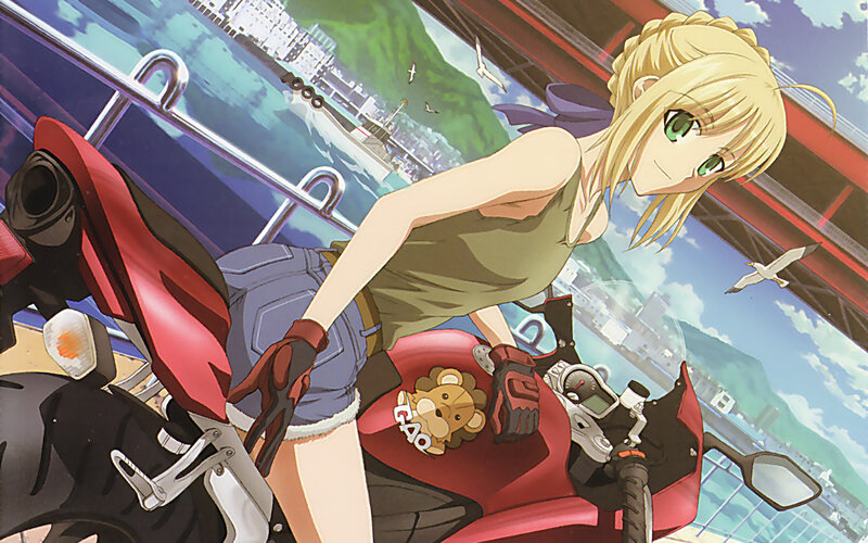 blonde girl on red motorcycle